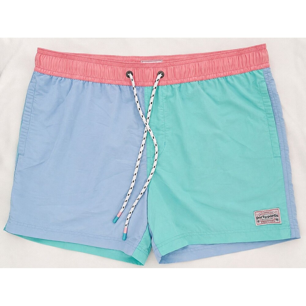 Party Pants Men's Sz M Medium Swim Trunks Color Block Pink Mint Blue